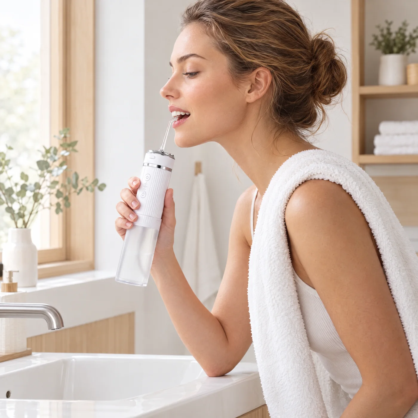 Water Flosser Pro i bruk ved vasken på badet (modell)